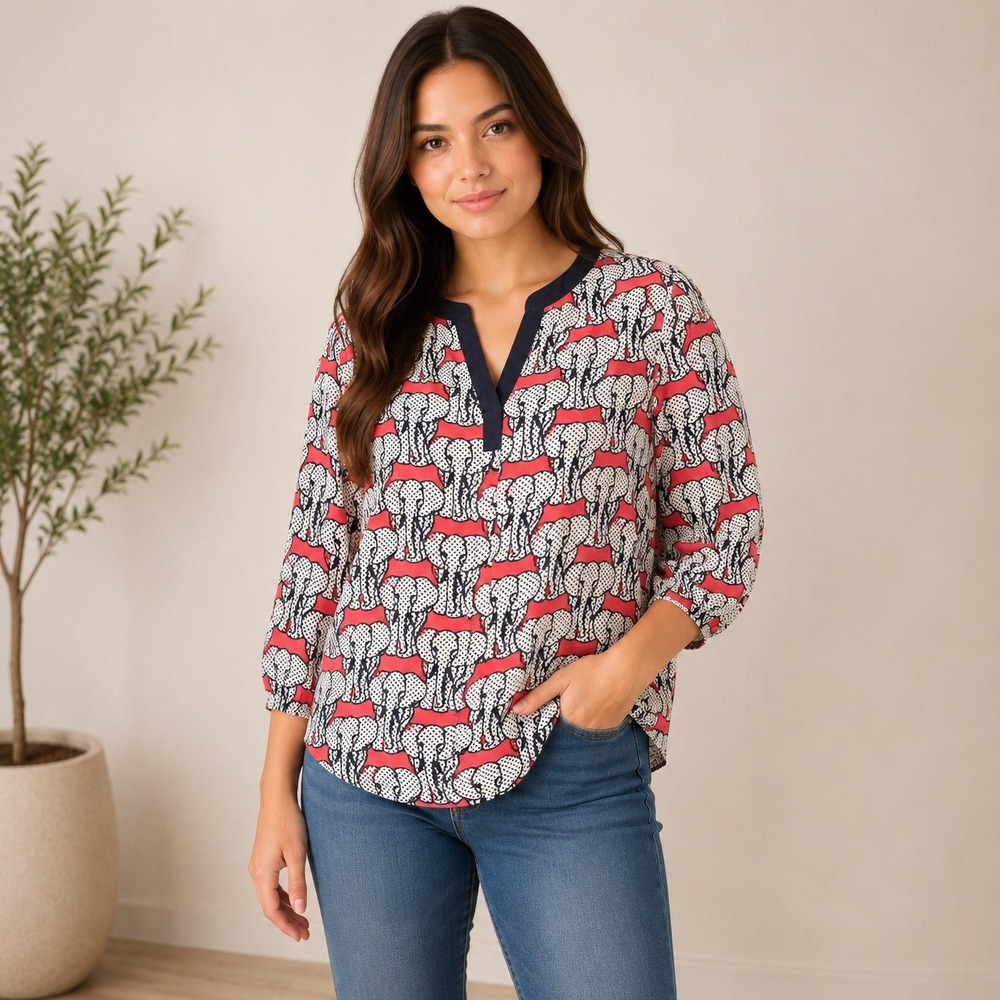 Crown & Ivy Elephant Print Blouse Red Navy Blue 3/4‎ Sleeve Split V-Neck Large